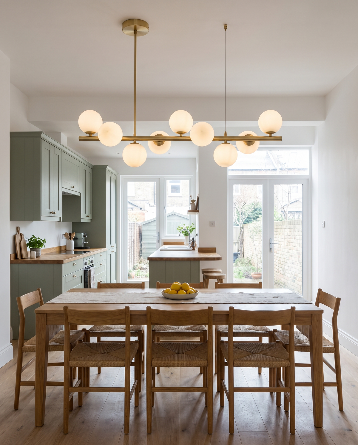 Barnes linear glass globe chandelier, opal globes, above an oak dining table in a London kitchen-diner