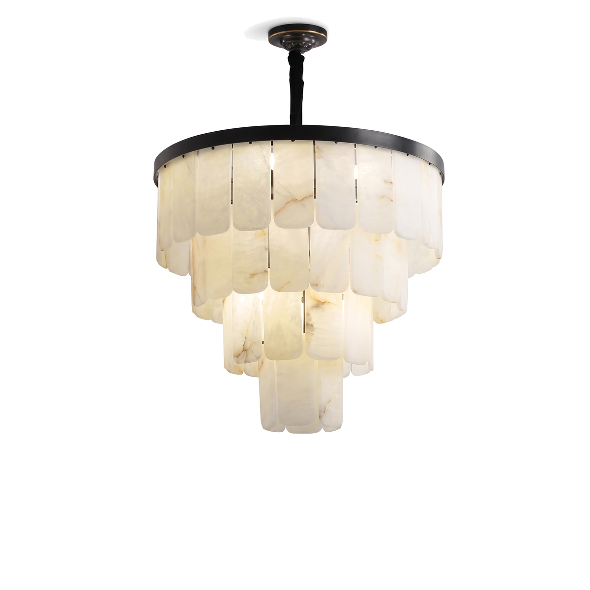 Bayswater tiered alabaster chandelier, four tiers with a black frame on a white background