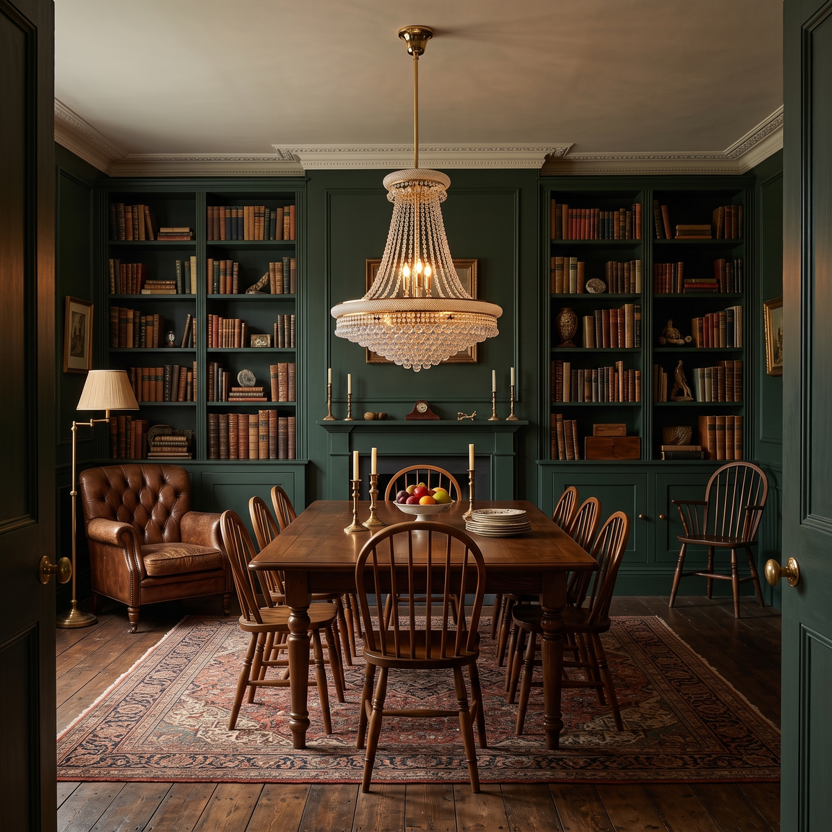 Belgravia empire crystal chandelier in gold above a dining table in a green panelled library