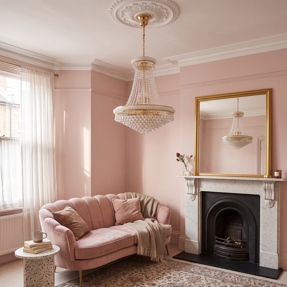 Belgravia empire crystal chandelier in gold in a blush pink living room