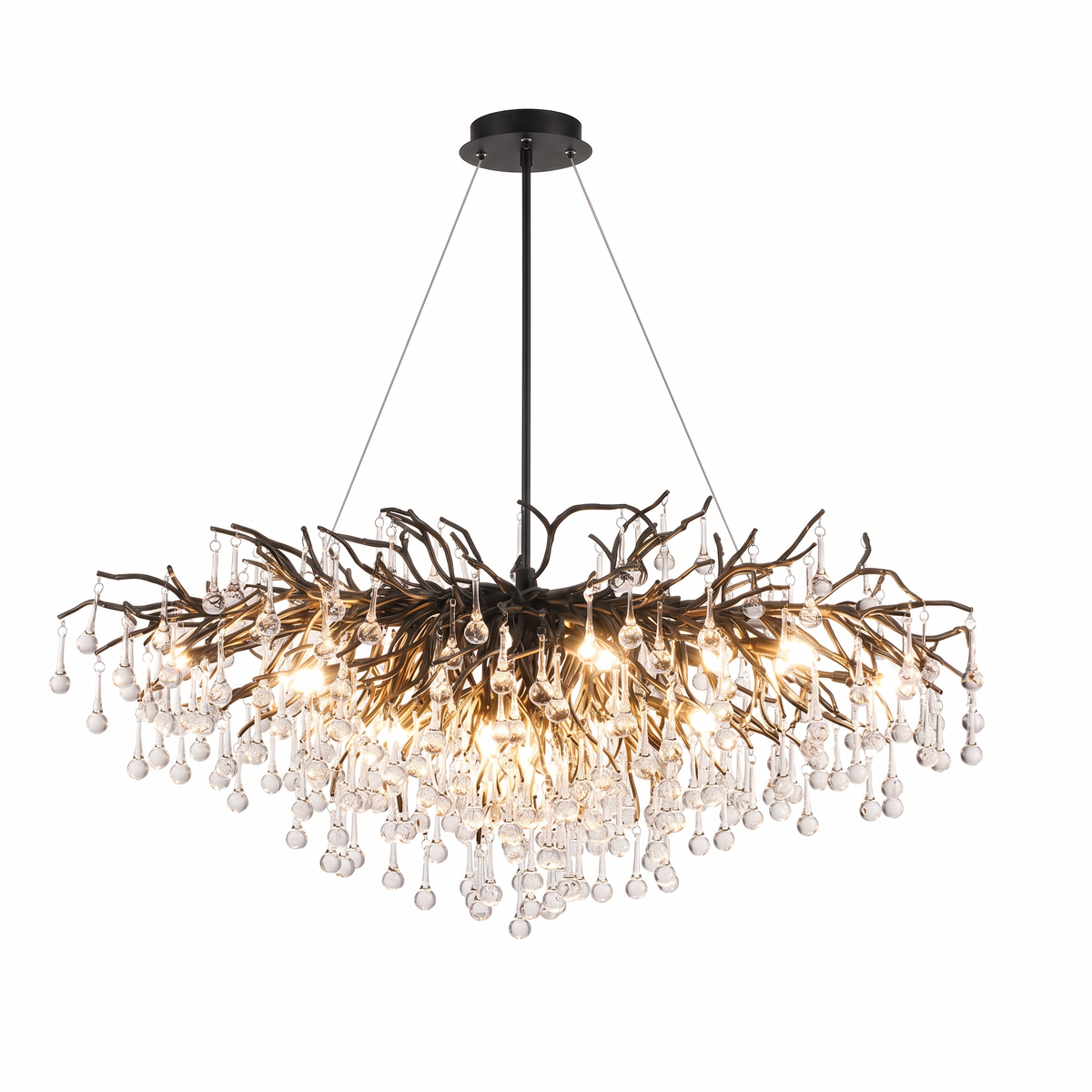 Bloomsbury crystal branch chandelier with crystal drops in black on a white background