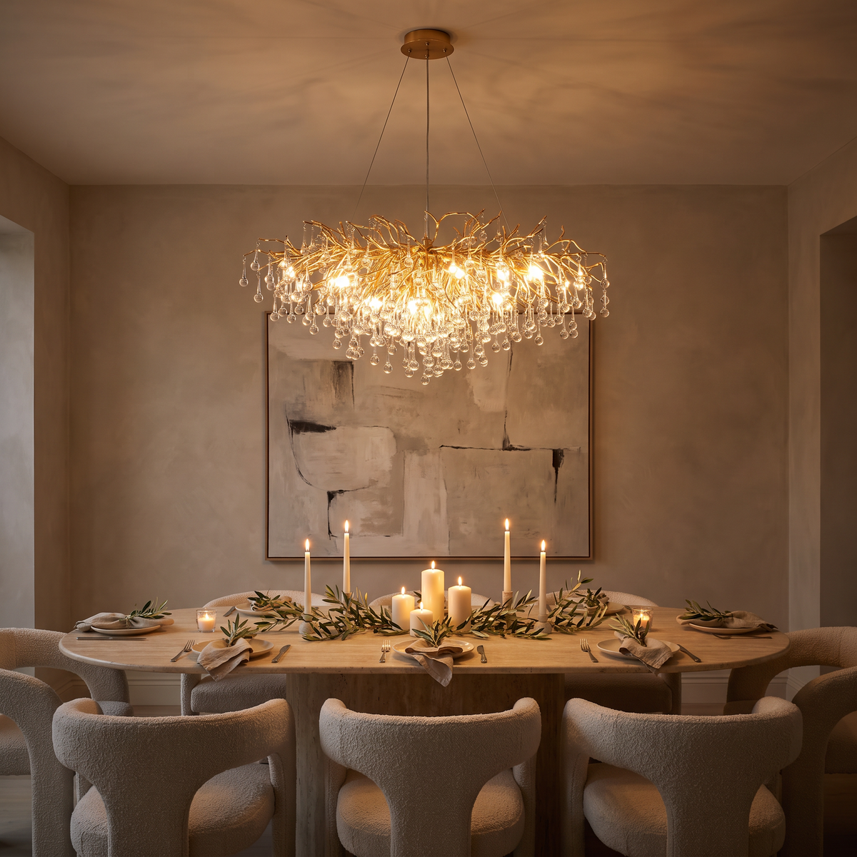 Bloomsbury crystal branch chandelier lit above a travertine dining table in the evening