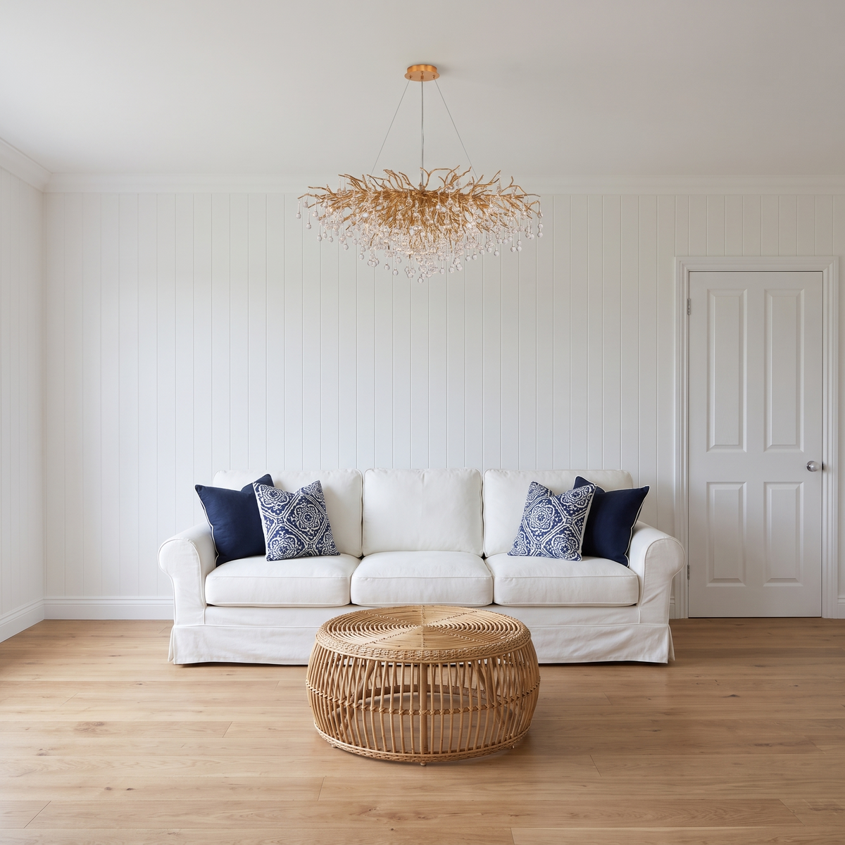 Bloomsbury crystal branch chandelier in a white Hamptons-style living room