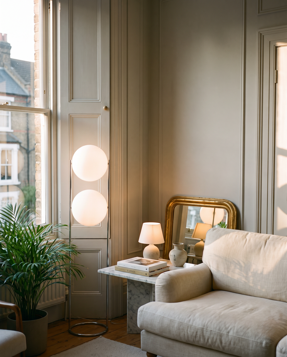 Camden globe floor lamp, Duo in chrome with two opal globes by a sash window in an Edwardian living room