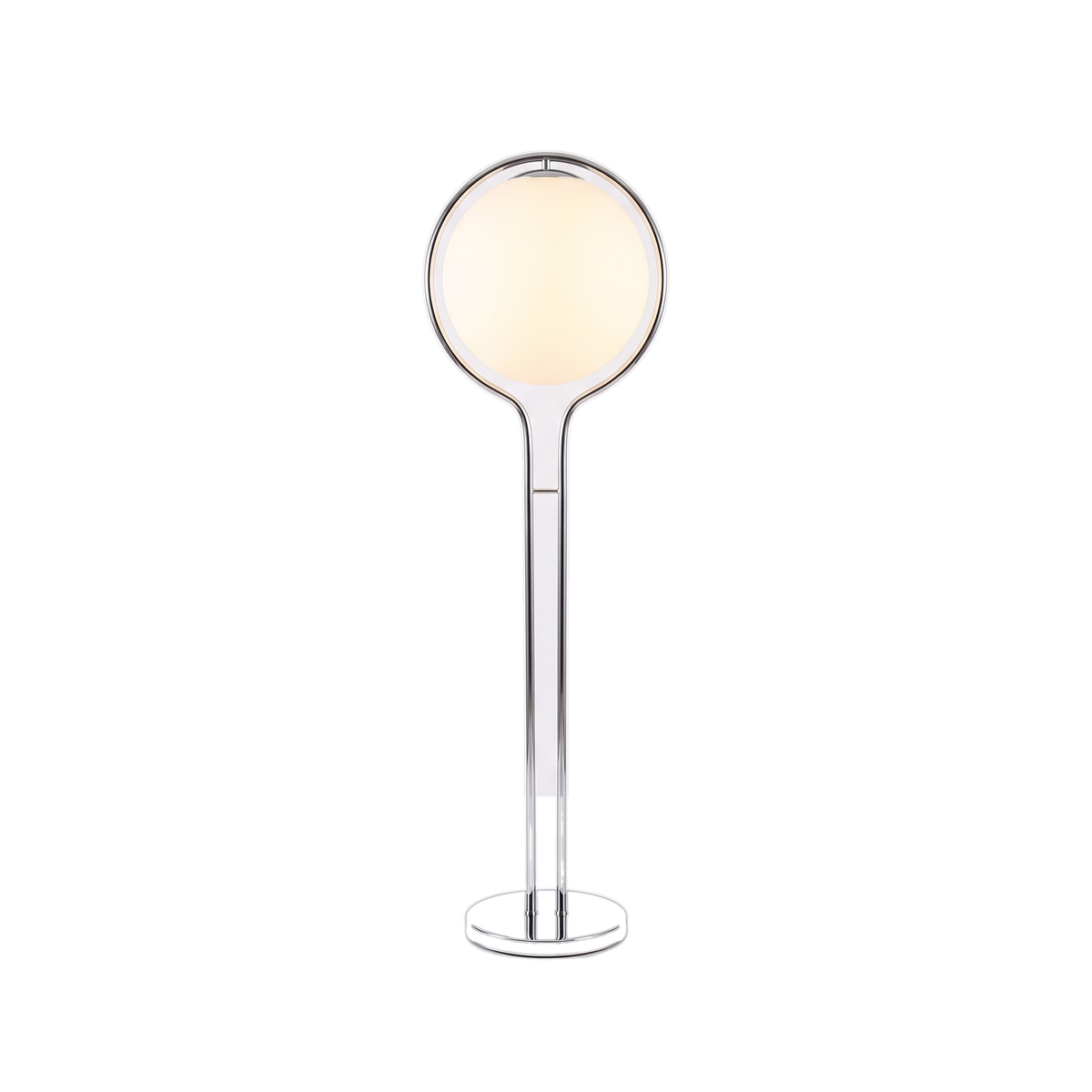 Camden globe floor lamp, Solo, one opal globe in a chrome ring on a slim stem, 120 cm, white background