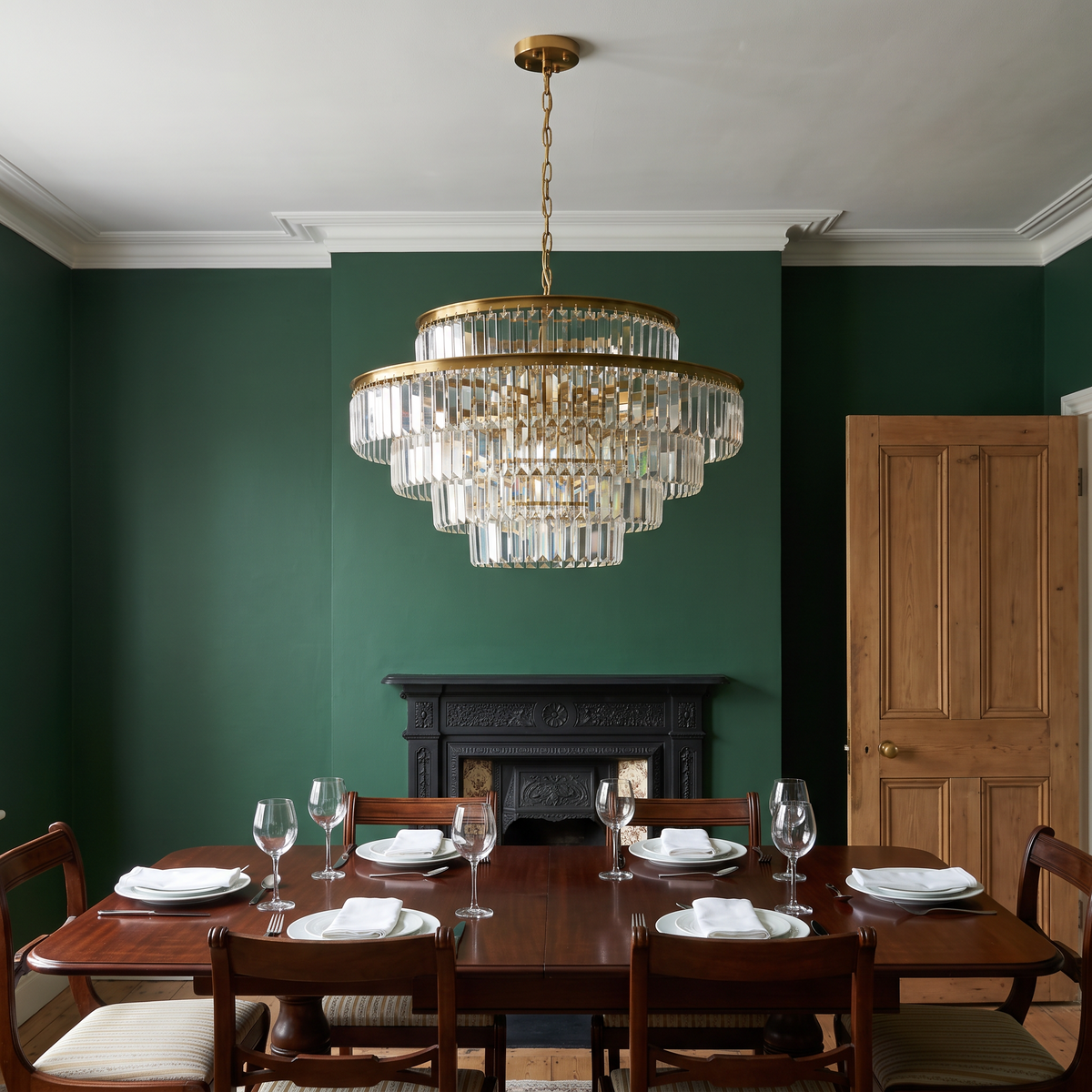Chelsea tiered crystal chandelier in a green Victorian dining room