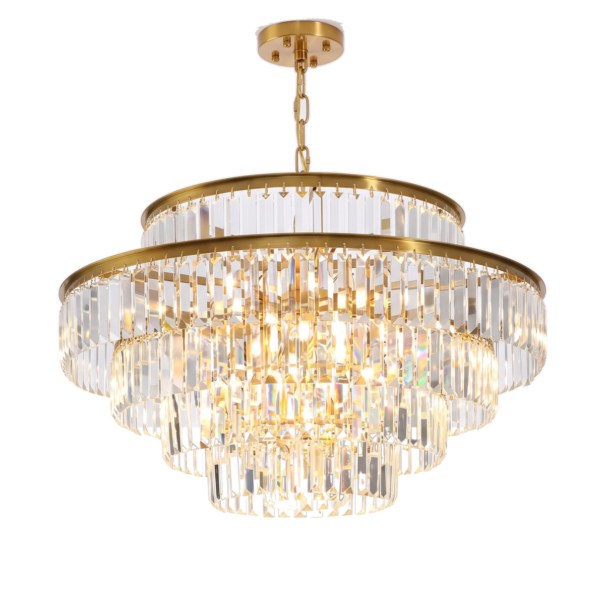Chelsea tiered crystal chandelier, round, in brass gold on a white background