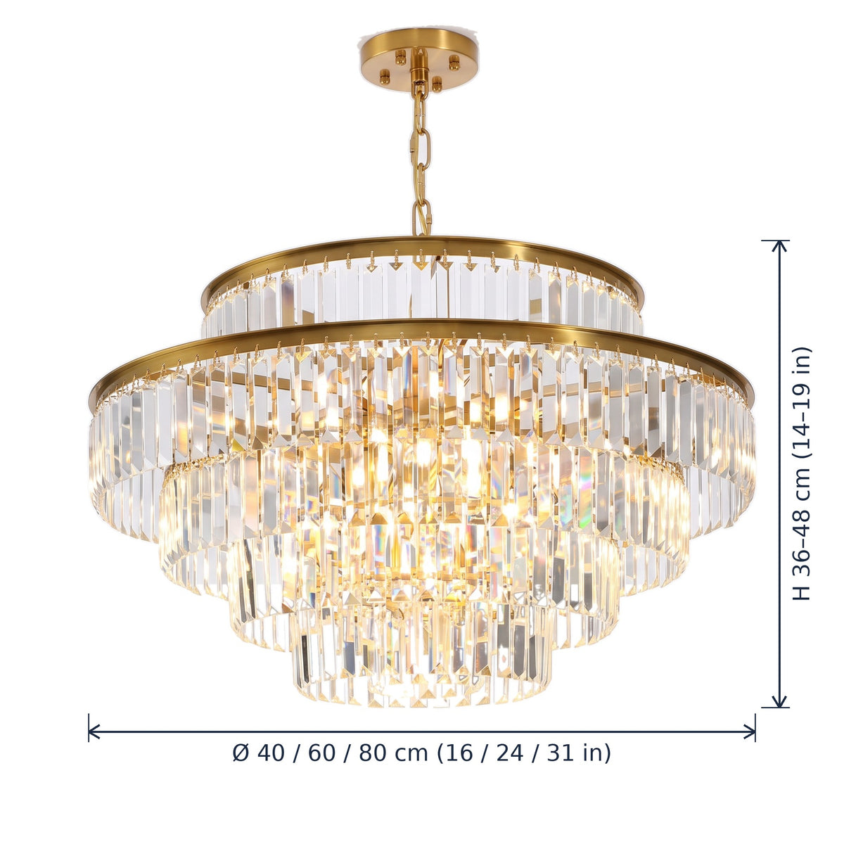Chelsea tiered crystal chandelier dimensions in cm and inches
