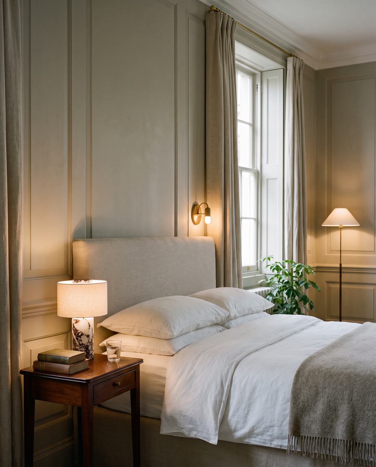 Chiswick marble rechargeable table lamp lit on a mahogany bedside table in a Georgian bedroom
