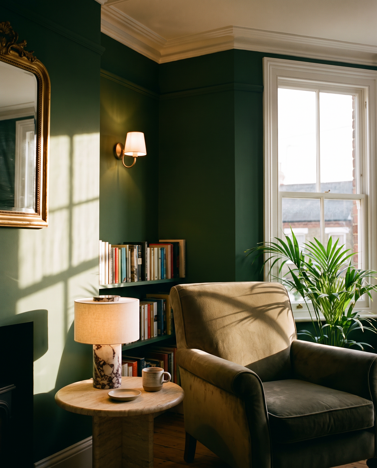 Chiswick marble rechargeable table lamp on a travertine side table beside a velvet armchair in a green Victorian sitting room