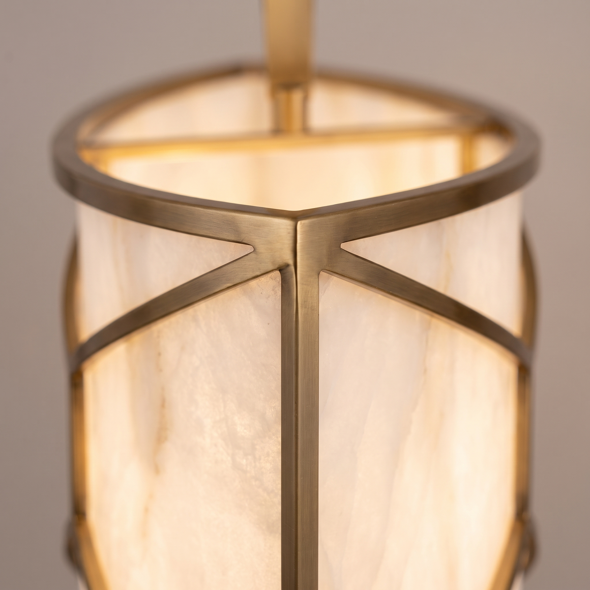 Clerkenwell round alabaster chandelier, close-up of the alabaster panels and metal frame