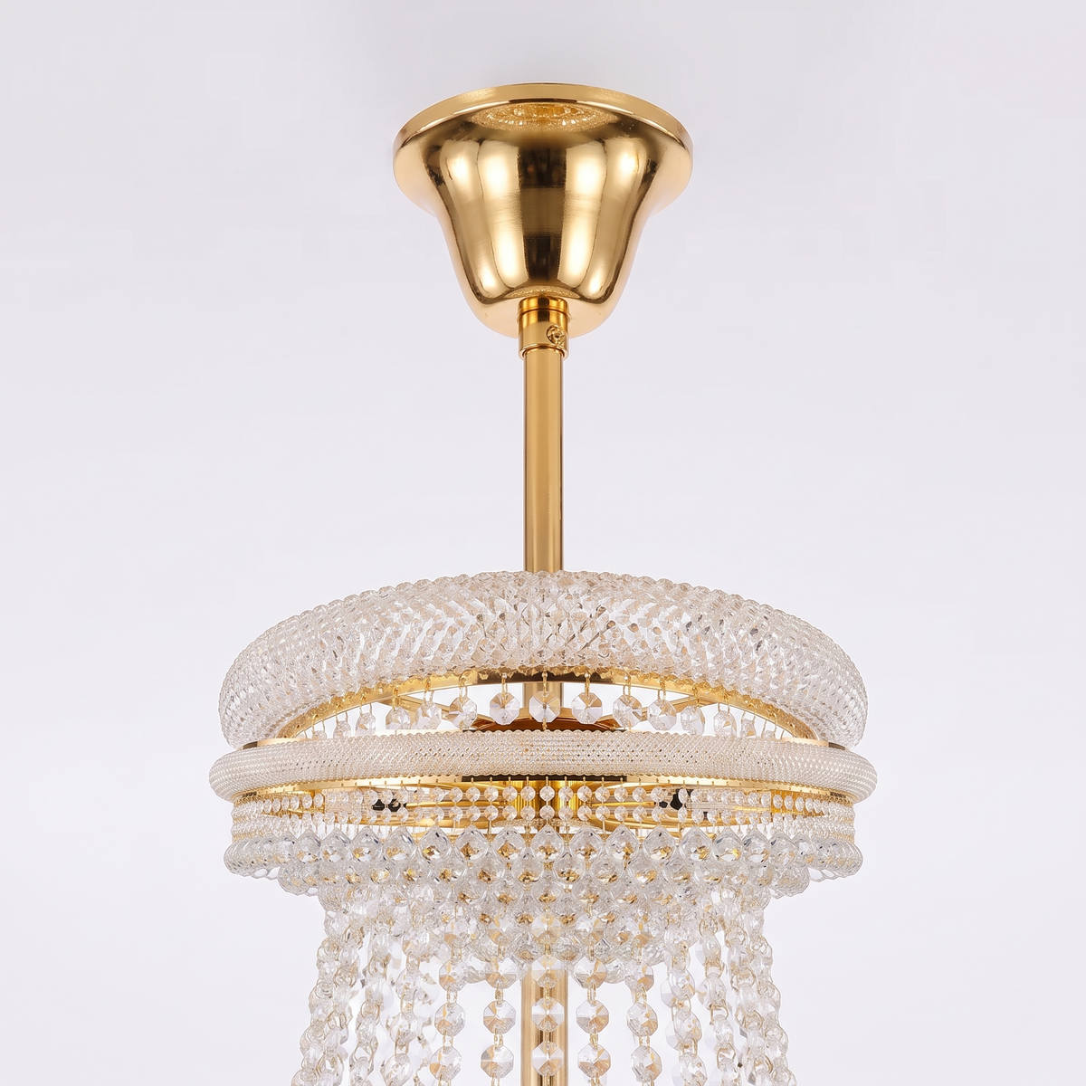 Belgravia empire crystal chandelier, close-up of the ceiling canopy and crystal crown