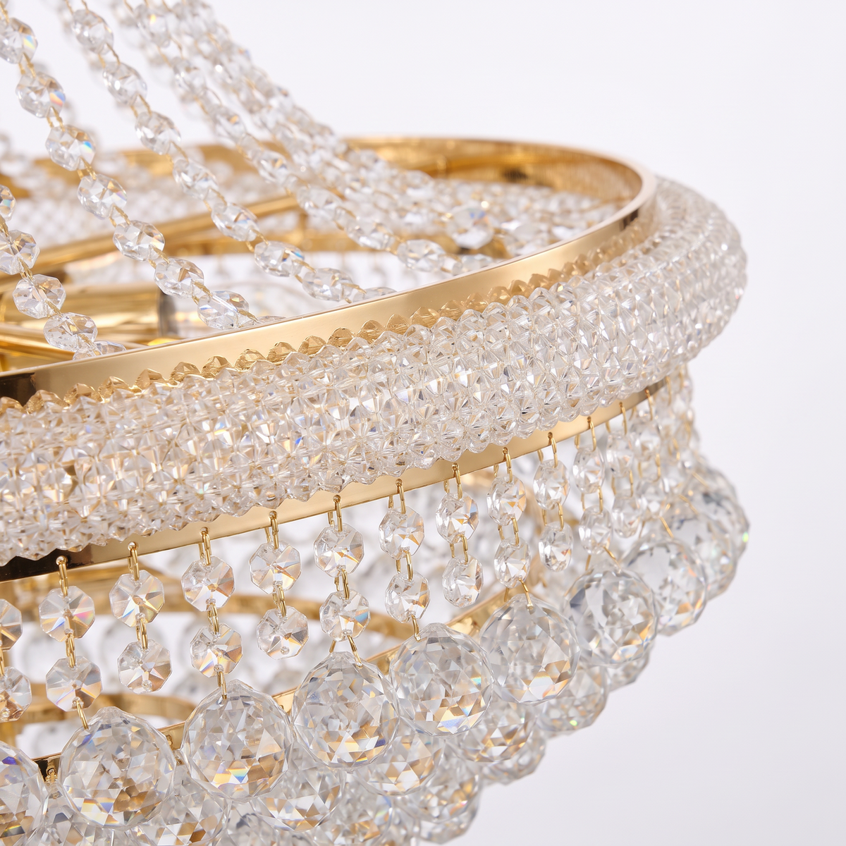 Belgravia empire crystal chandelier, close-up of the crystal bead strands and bowl