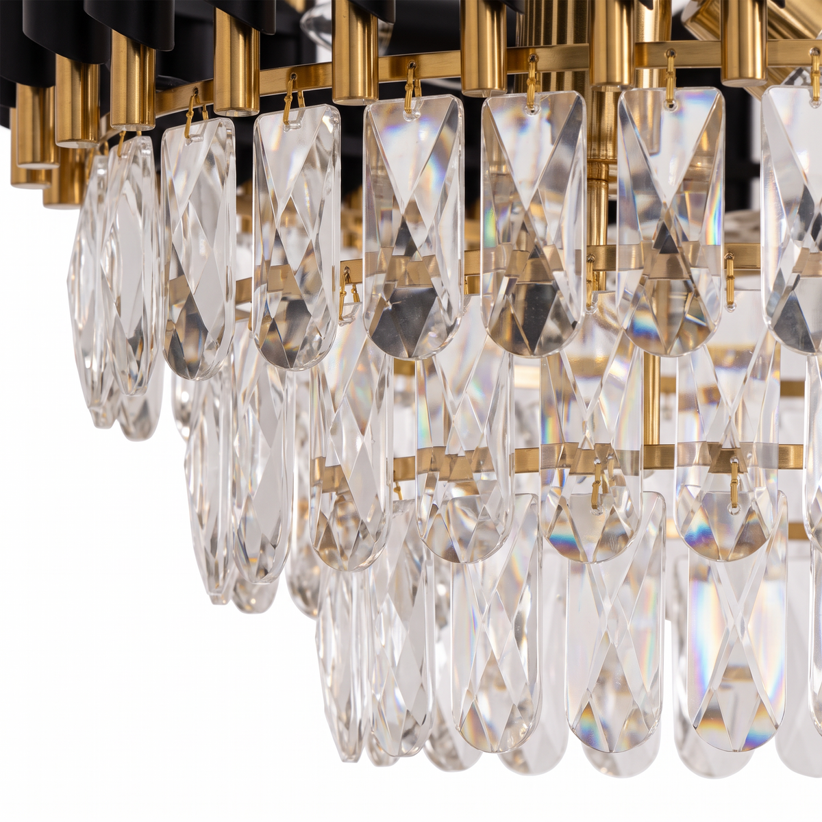 Windsor black and gold crystal chandelier, close-up of the crystal drops
