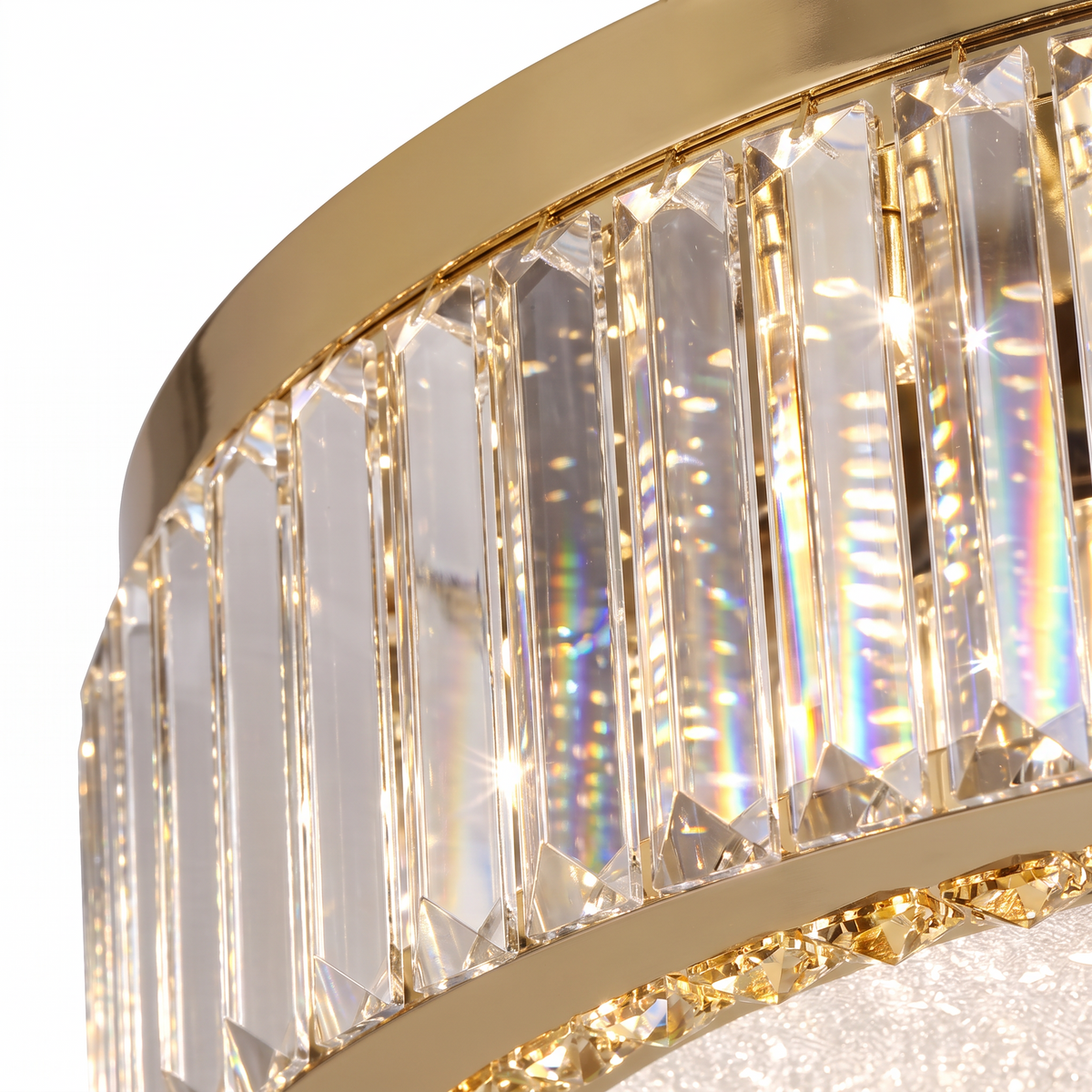 Pimlico round crystal flush ceiling light, close-up of the crystal prisms and gold rim