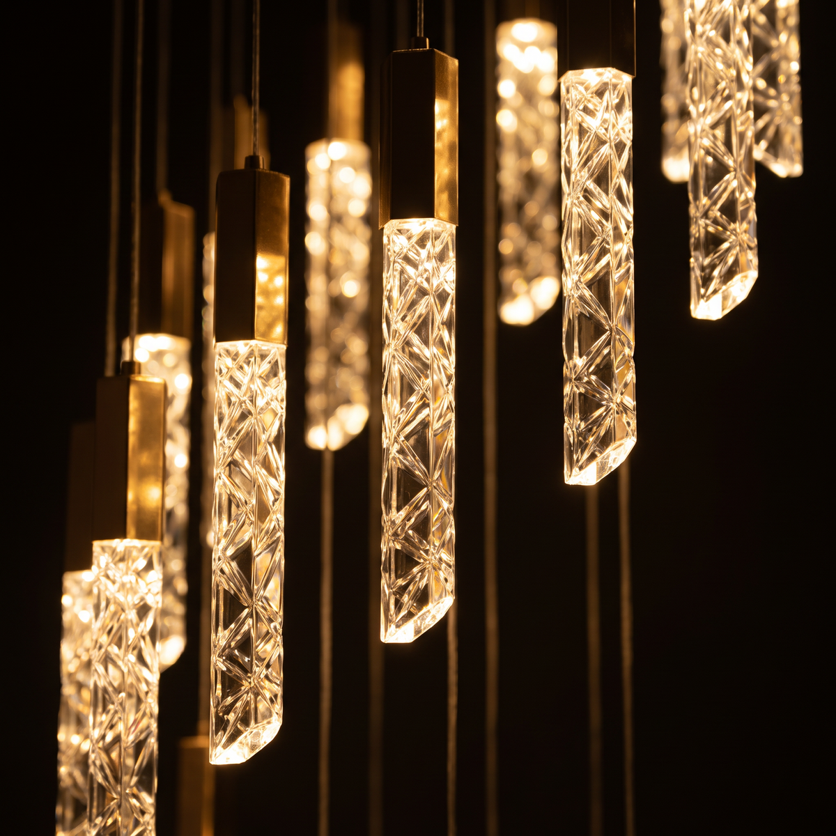 Somerset spiral crystal chandelier, close-up of the lit crystal rods