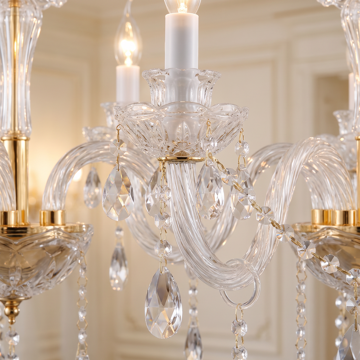 Regent crystal candle chandelier, close-up of a glass candle arm and crystal drops