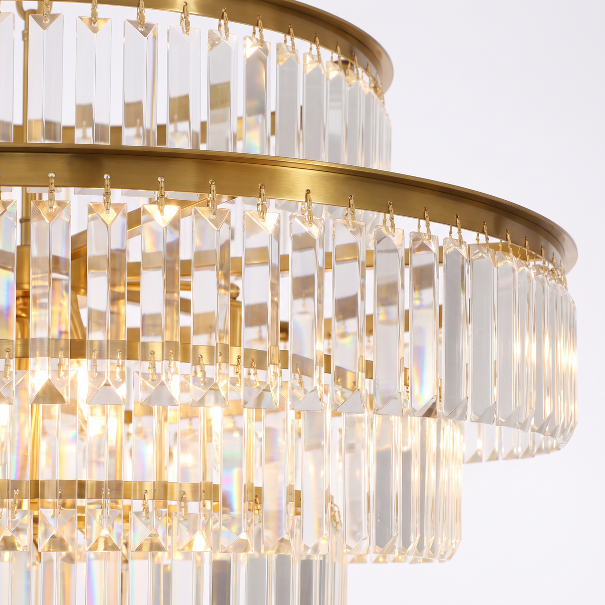 Chelsea tiered crystal chandelier, close-up of the tiered crystal prisms
