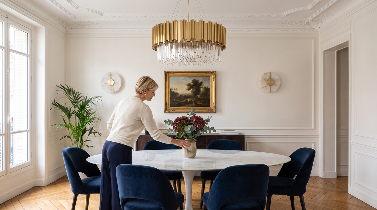 Gold crystal drum chandelier centred above an oval marble dining table, with alabaster wall lights