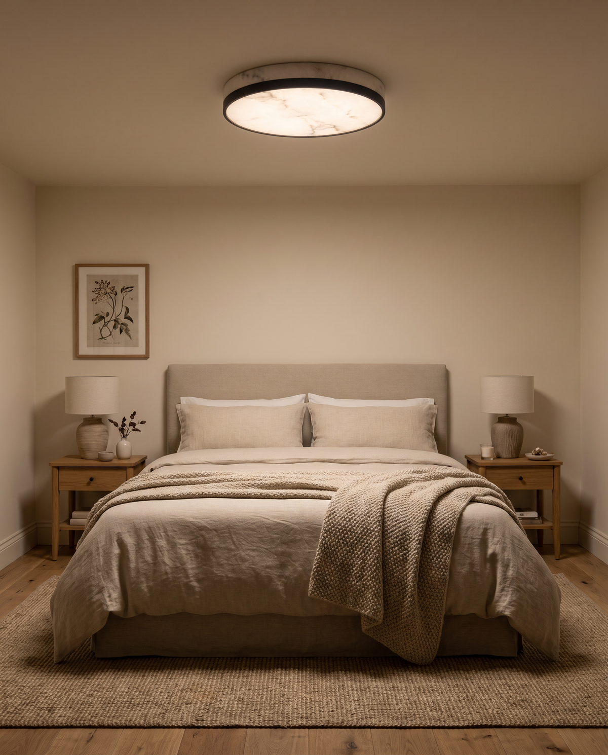 Dulwich alabaster flush ceiling light in a calm bedroom