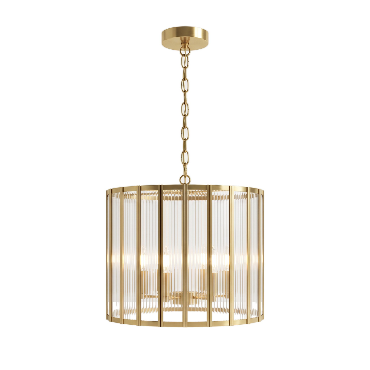 Fitzrovia fluted glass chandelier, brass drum model on a white background