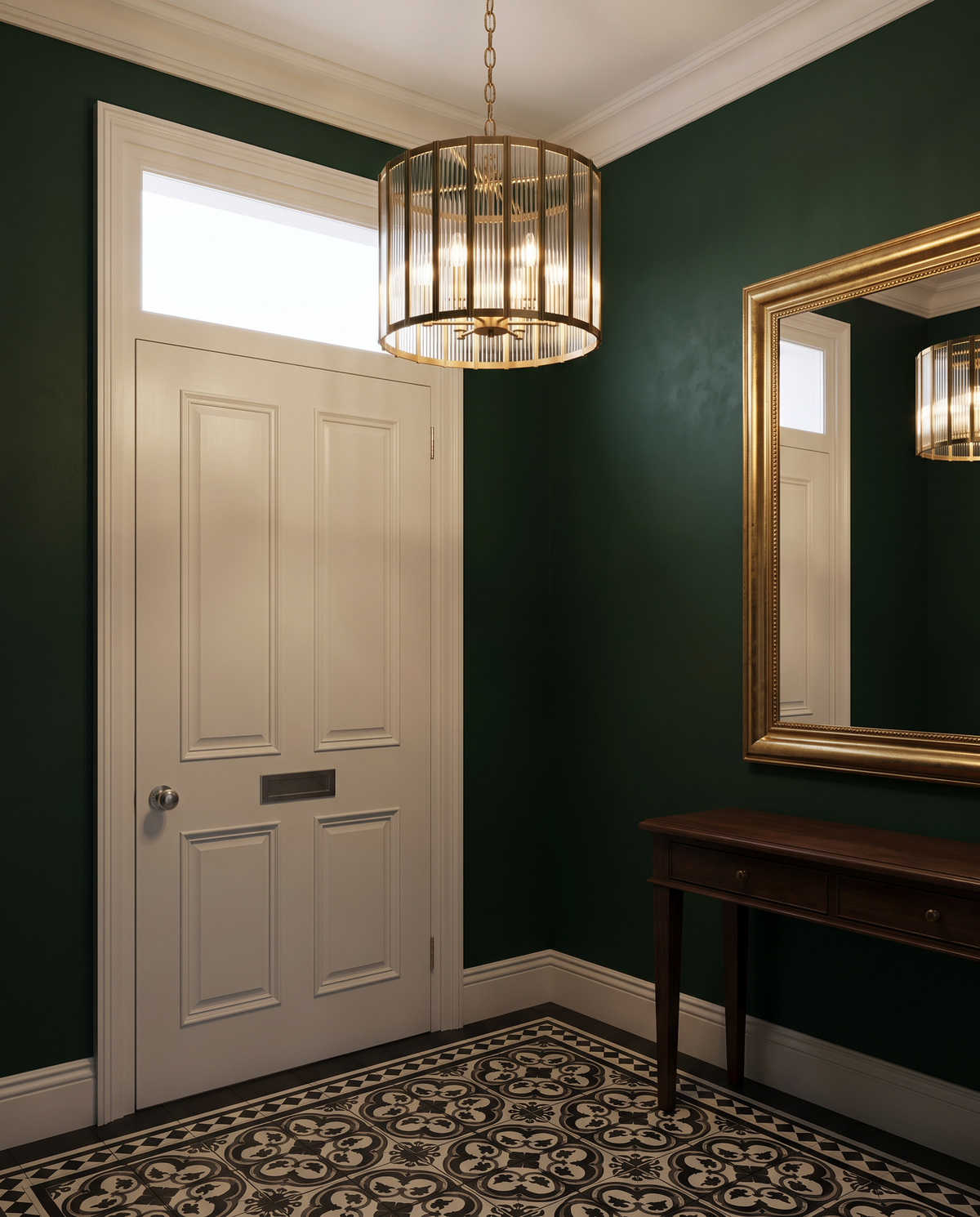 Fitzrovia fluted glass chandelier in a green Victorian hallway