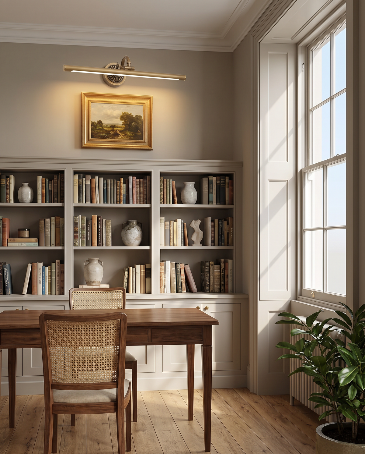 Hampstead antique brass picture light above a painting over a bookcase