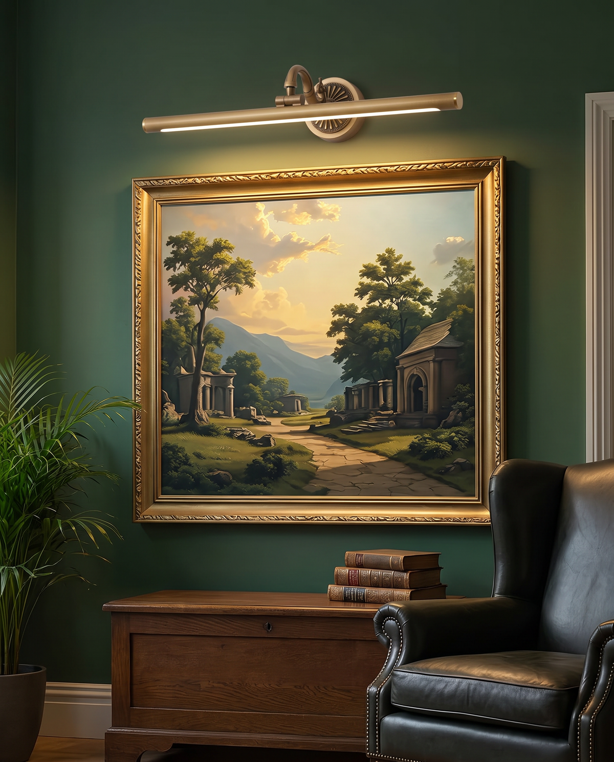 Hampstead antique brass picture light lighting an oil painting in a green living room in the evening