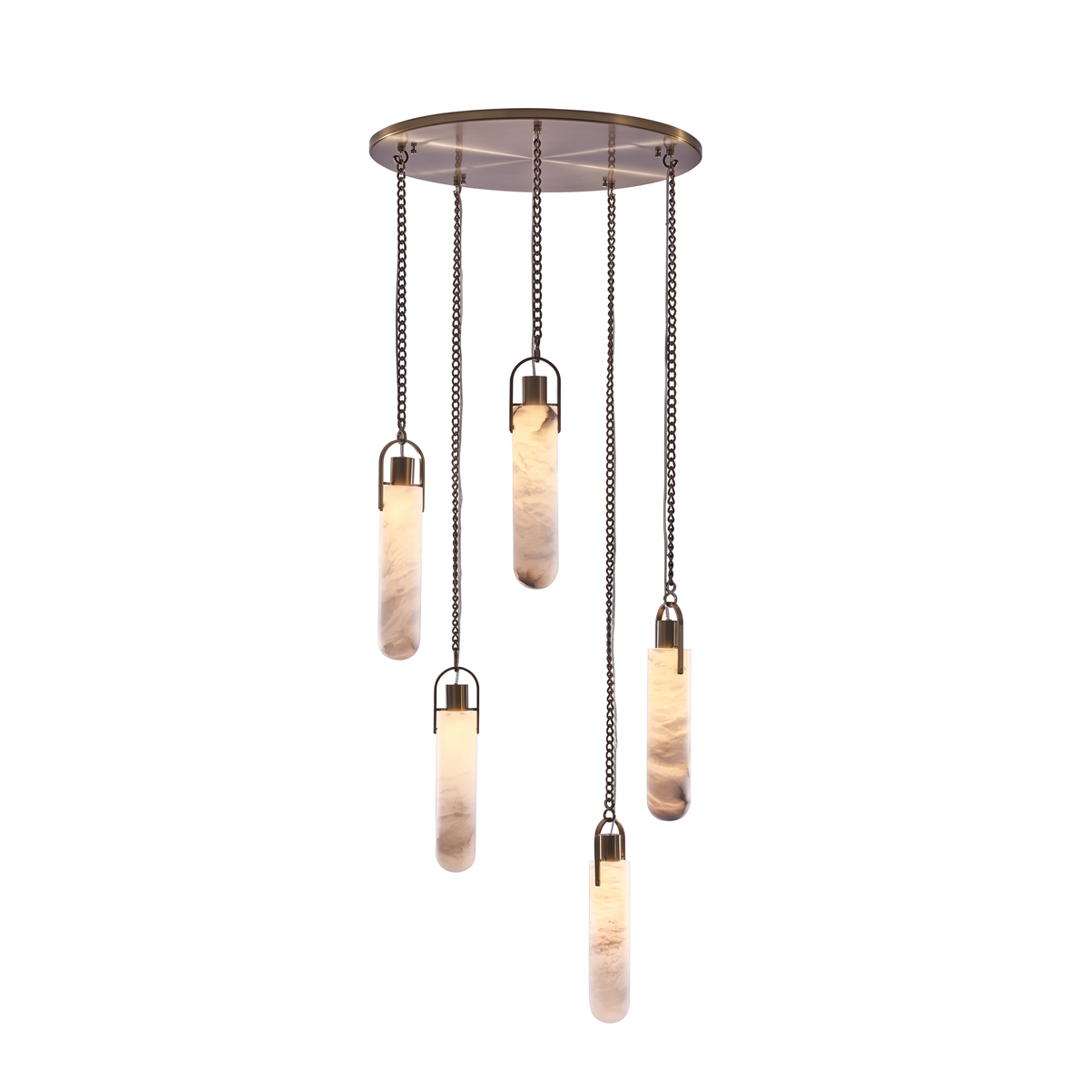 Hampton alabaster staircase chandelier, cluster of five natural alabaster rods on fine chains, white background