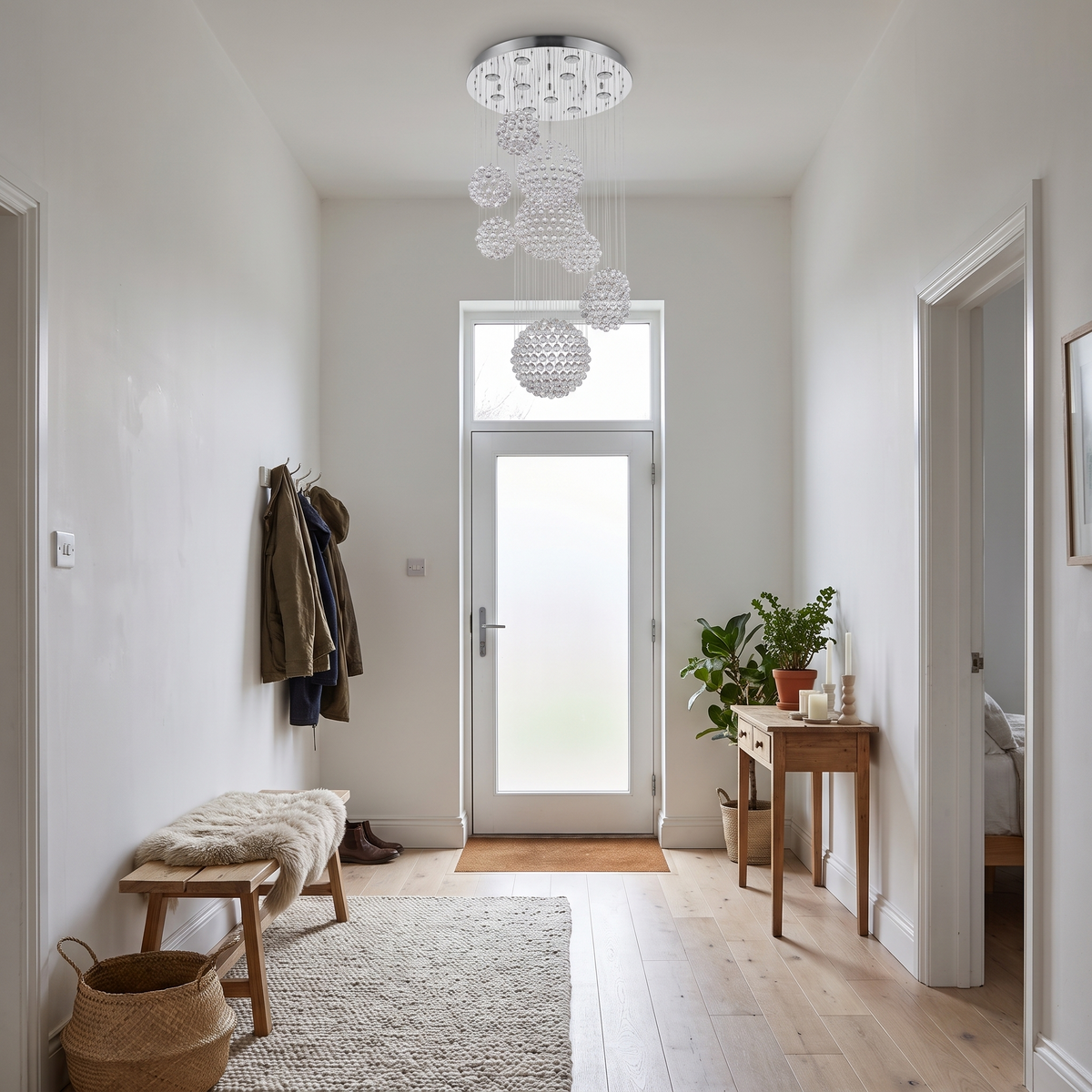 Henley raindrop chandelier with chrome canopy in a Scandinavian entrance hall