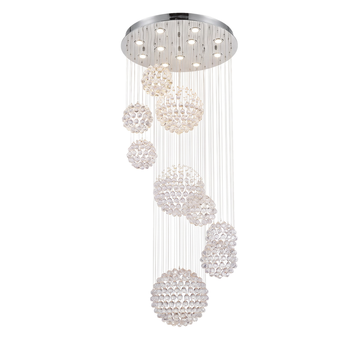 Henley raindrop chandelier in crystal with chrome canopy on a white background