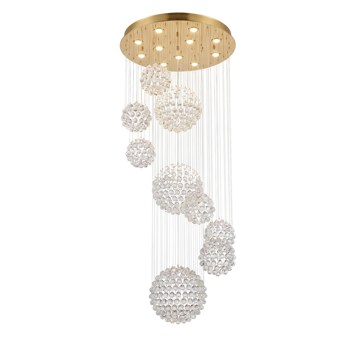 Henley raindrop chandelier in crystal with gold canopy on a white background