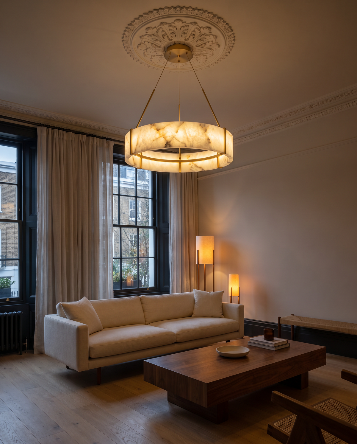 Highgate alabaster ring chandelier lit in a London townhouse living room