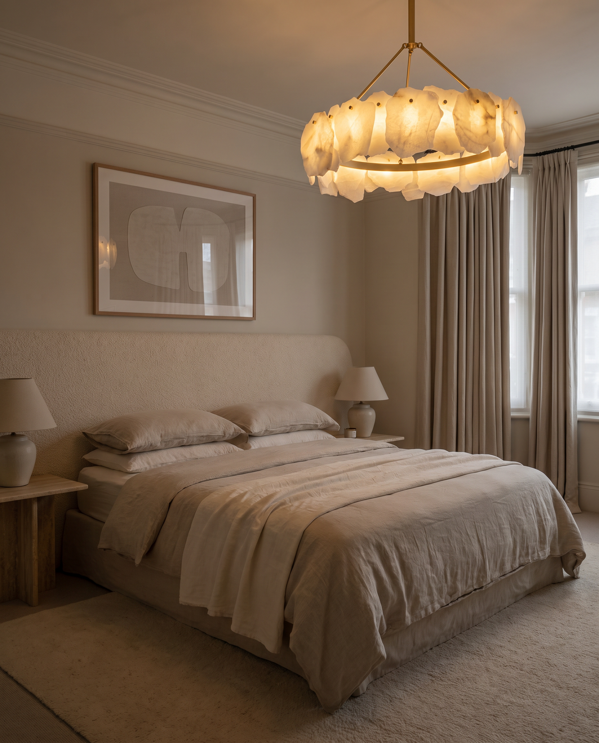 Hurlingham alabaster brass chandelier glowing above a bed in a cream bedroom in the evening