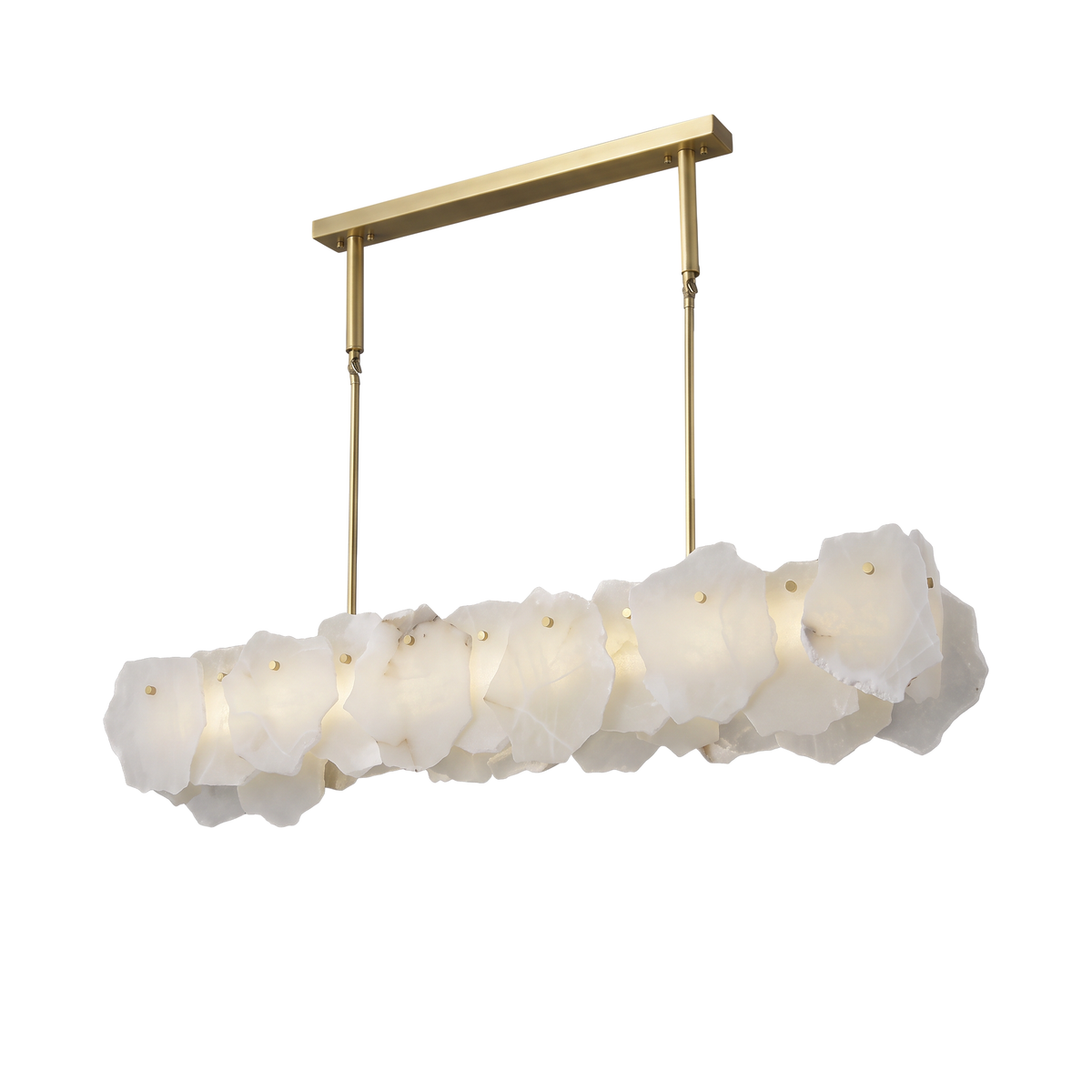 Hurlingham alabaster linear chandelier in brass on a white background