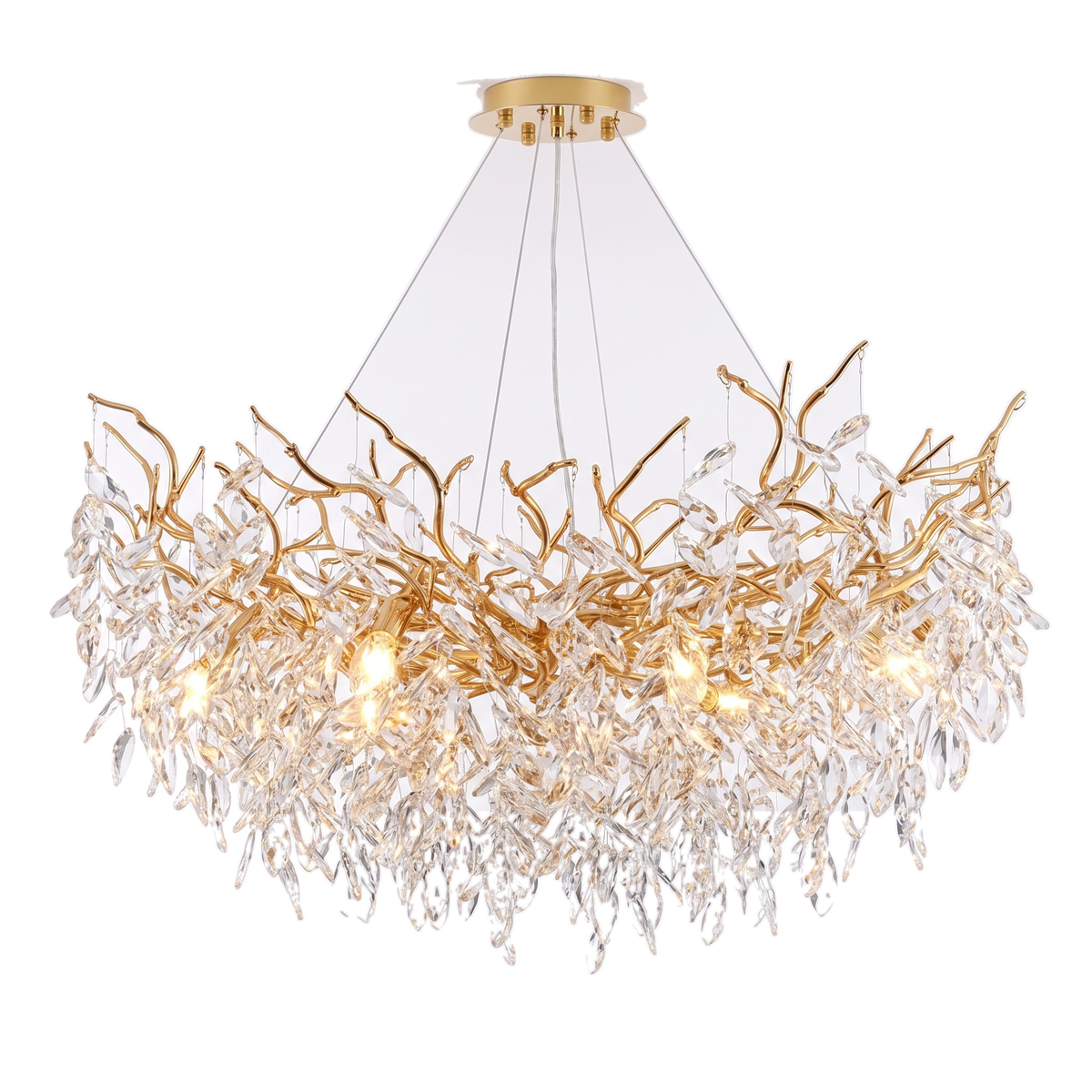 Kew crystal leaf chandelier, round branch model in gold on a white background