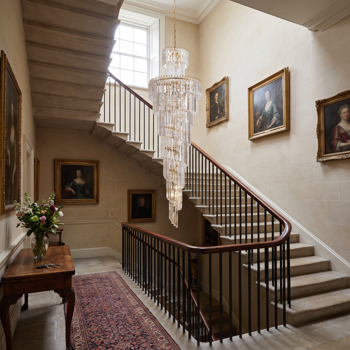 Knightsbridge spiral staircase chandelier in the stairwell of a Georgian house