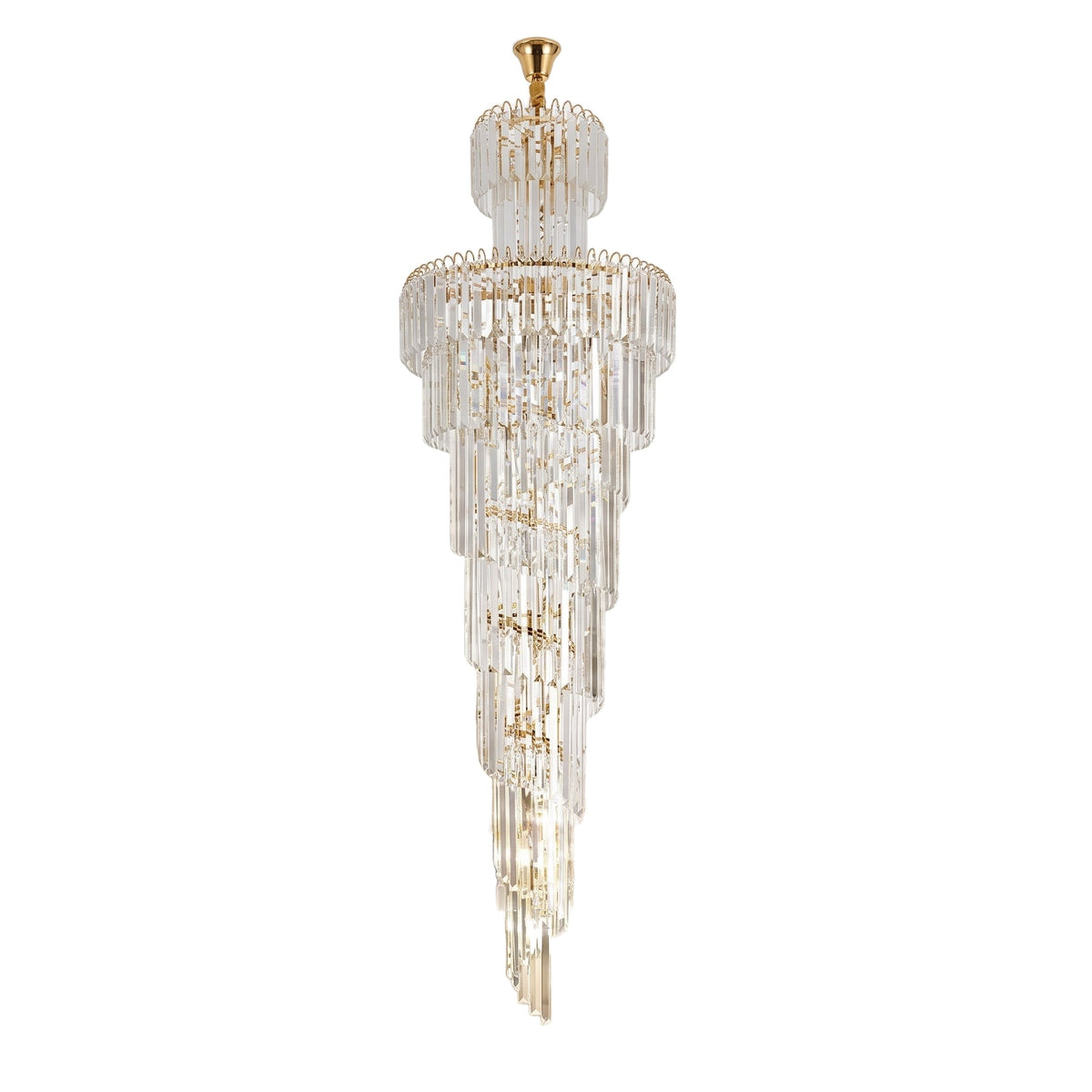 Knightsbridge spiral staircase chandelier, tiered crystal, in gold on a white background