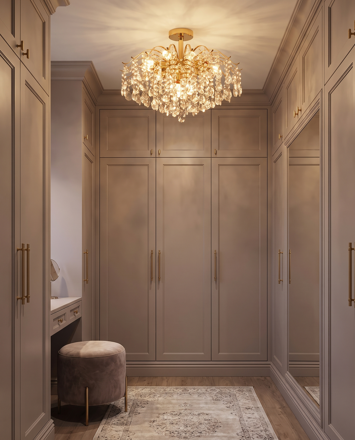 Lancaster cascade ceiling light lit in a dressing room