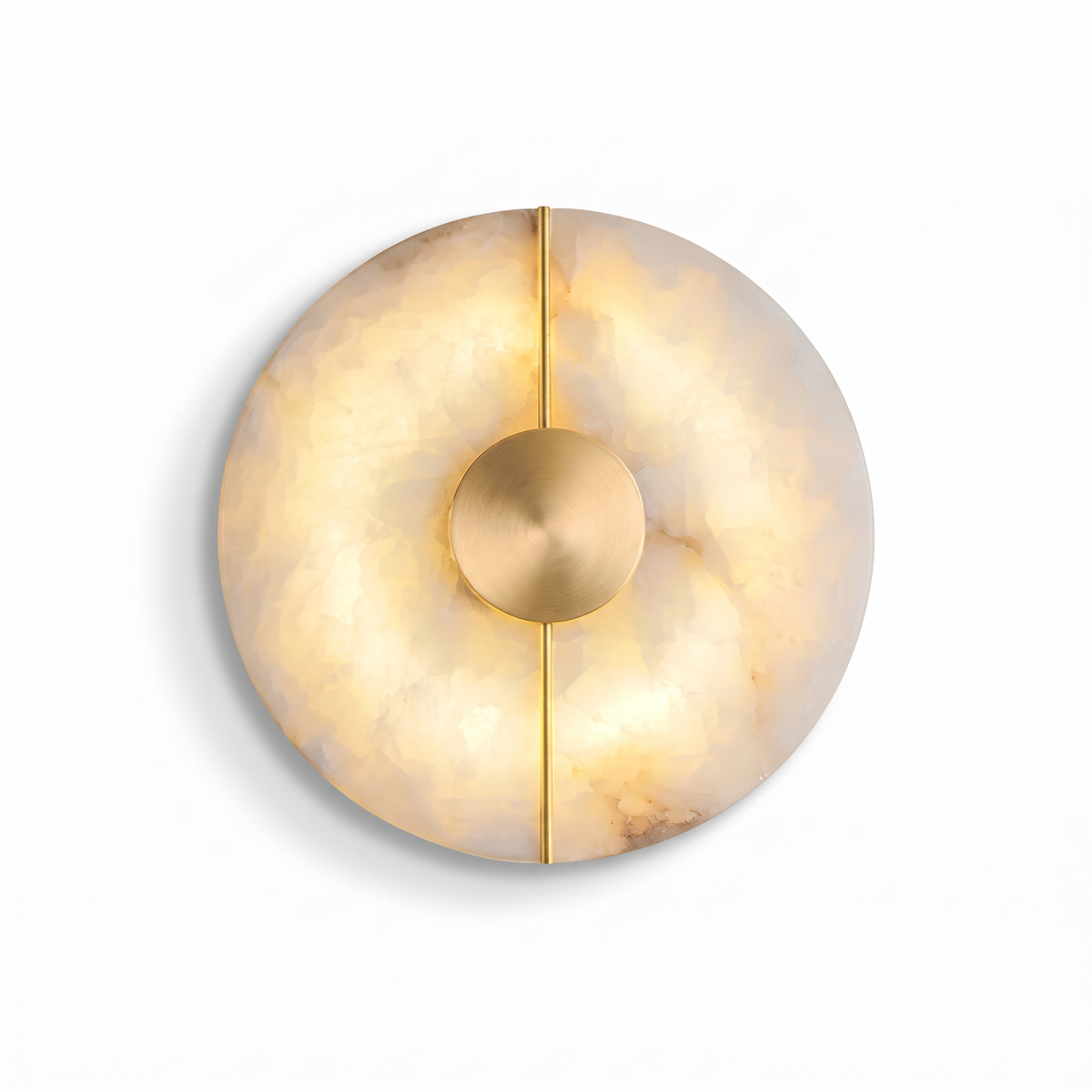 Marylebone round alabaster wall light in gold on a white background