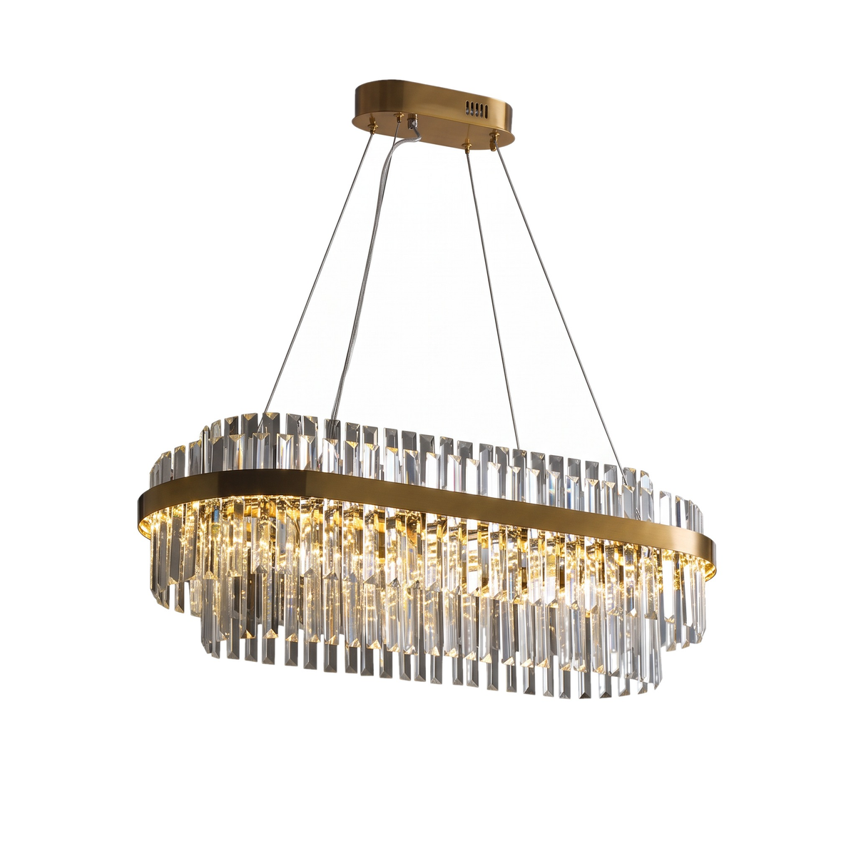 Mayfair tiered chandelier, oval crystal model in gold on a white background