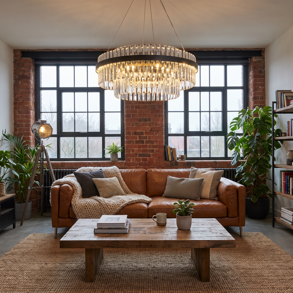 Mayfair tiered chandelier, round crystal model in black in a living room