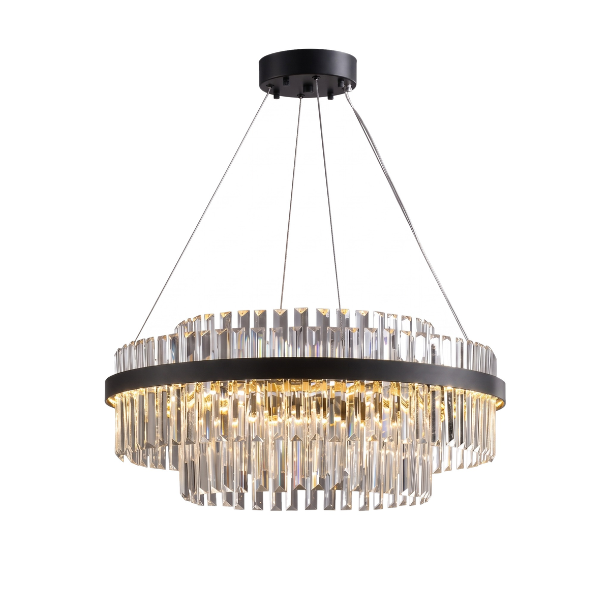 Mayfair tiered chandelier, round crystal model in black on a white background