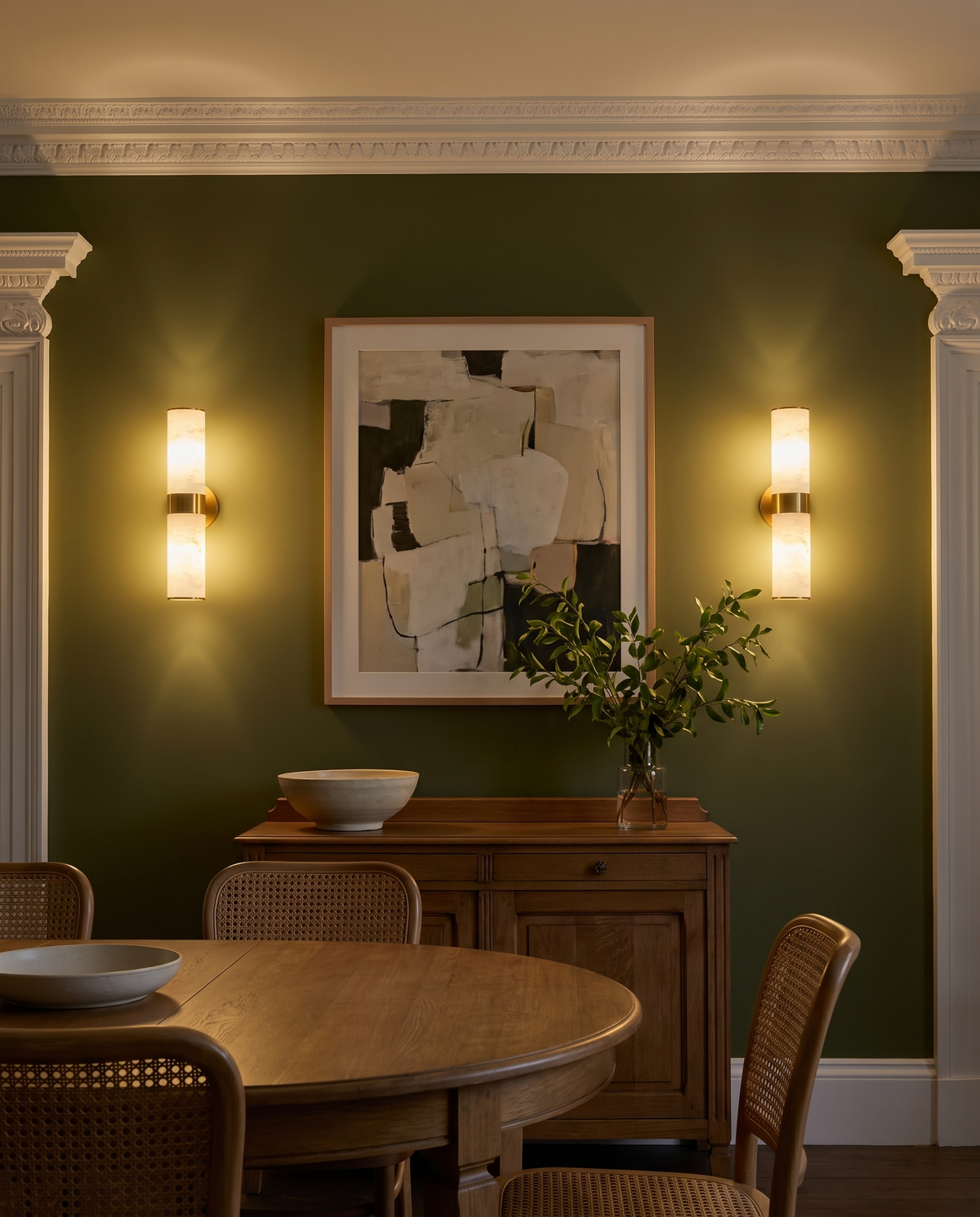 Holland up and down wall light, a pair either side of a painting in a green dining room in the evening