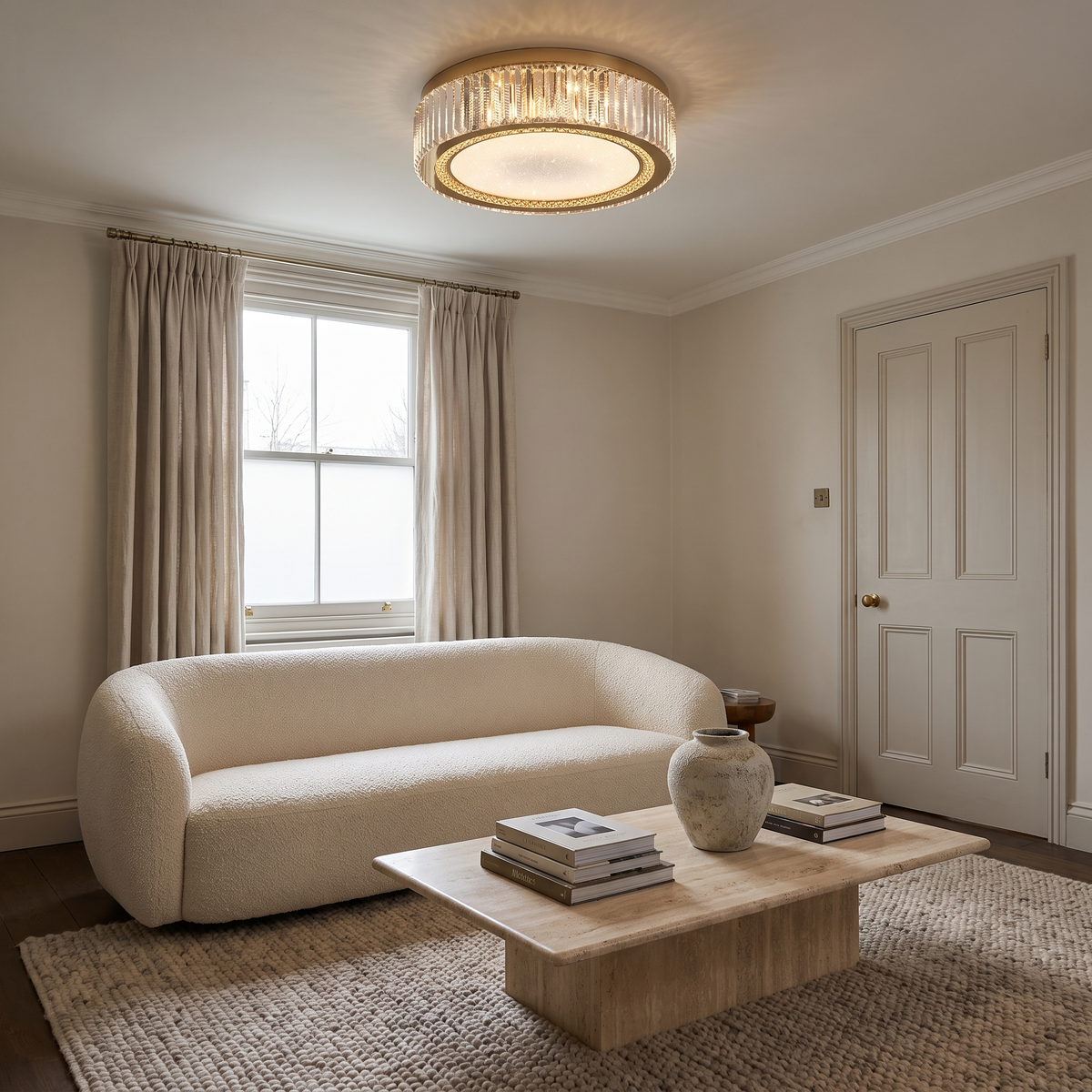 Pimlico round crystal flush ceiling light in a cream living room