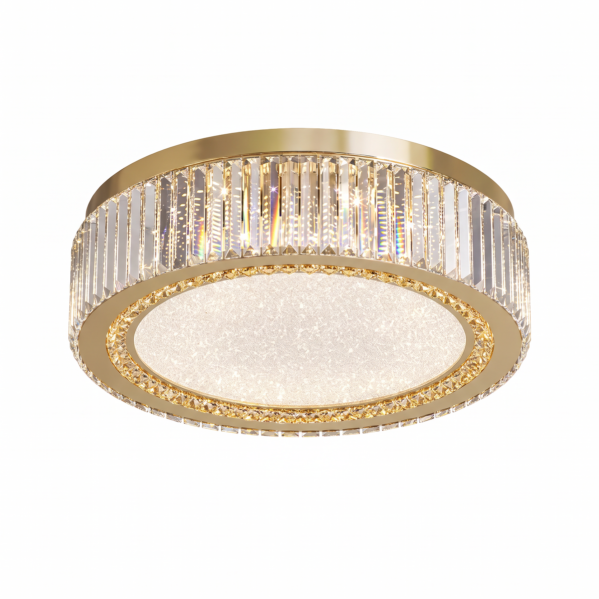 Pimlico round crystal flush ceiling light in gold on a white background
