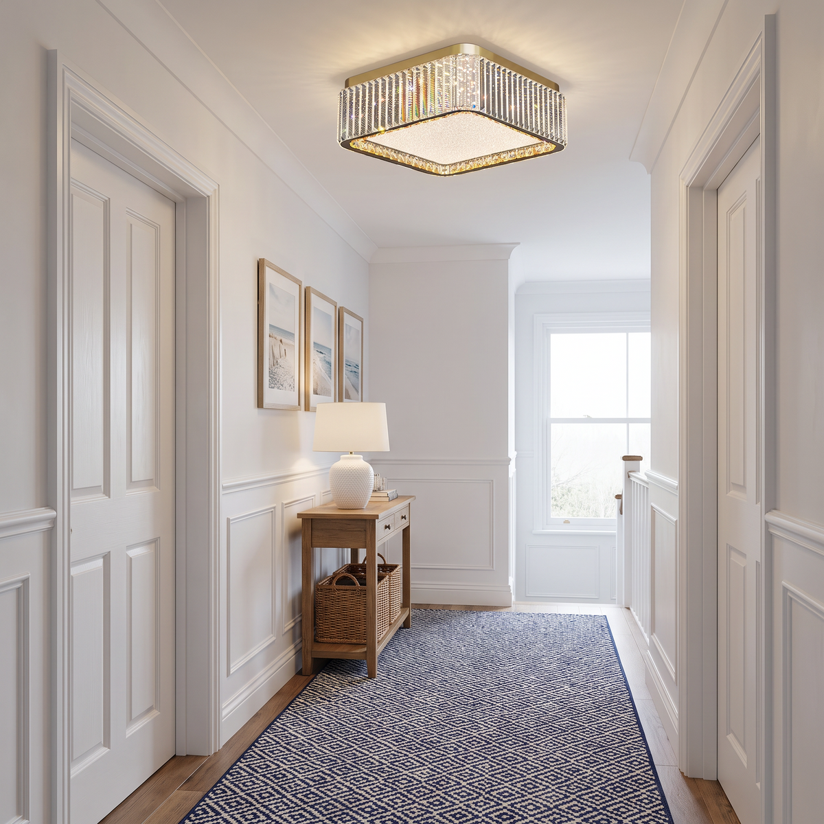 Pimlico crystal flush ceiling light, square model, on an upstairs landing