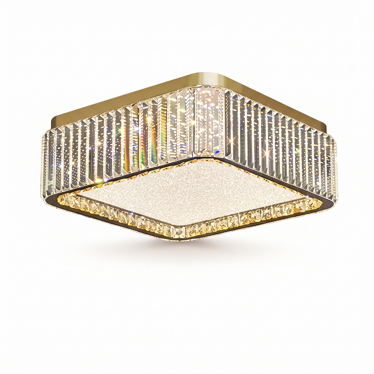Pimlico crystal flush ceiling light, square model, in gold on a white background