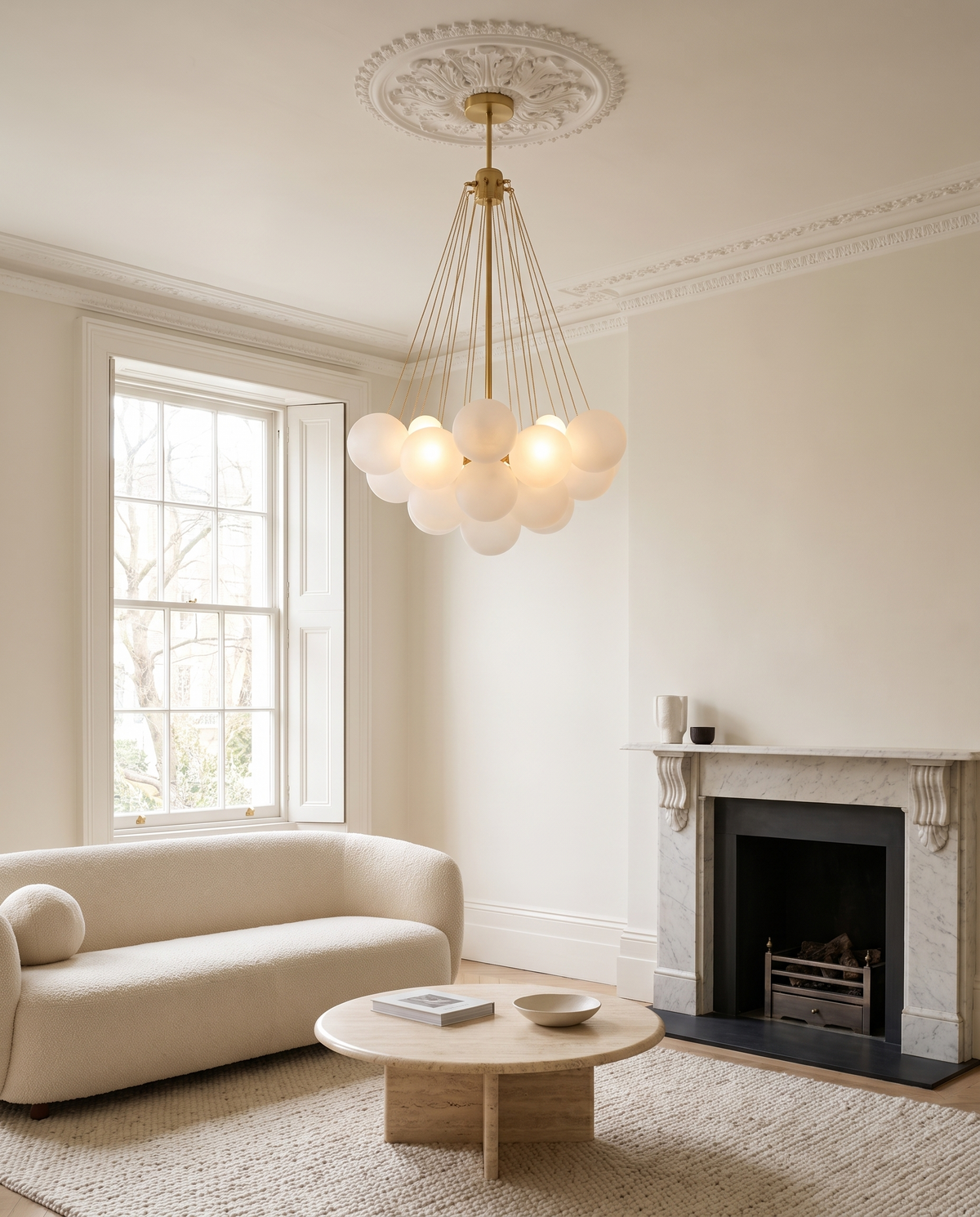 Putney bubble chandelier in gold in a bright Georgian living room
