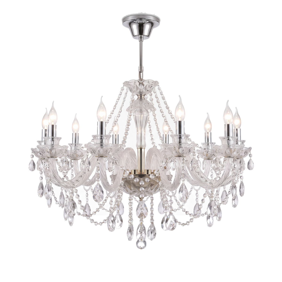 Regent crystal candle chandelier with candle arms in chrome on a white background